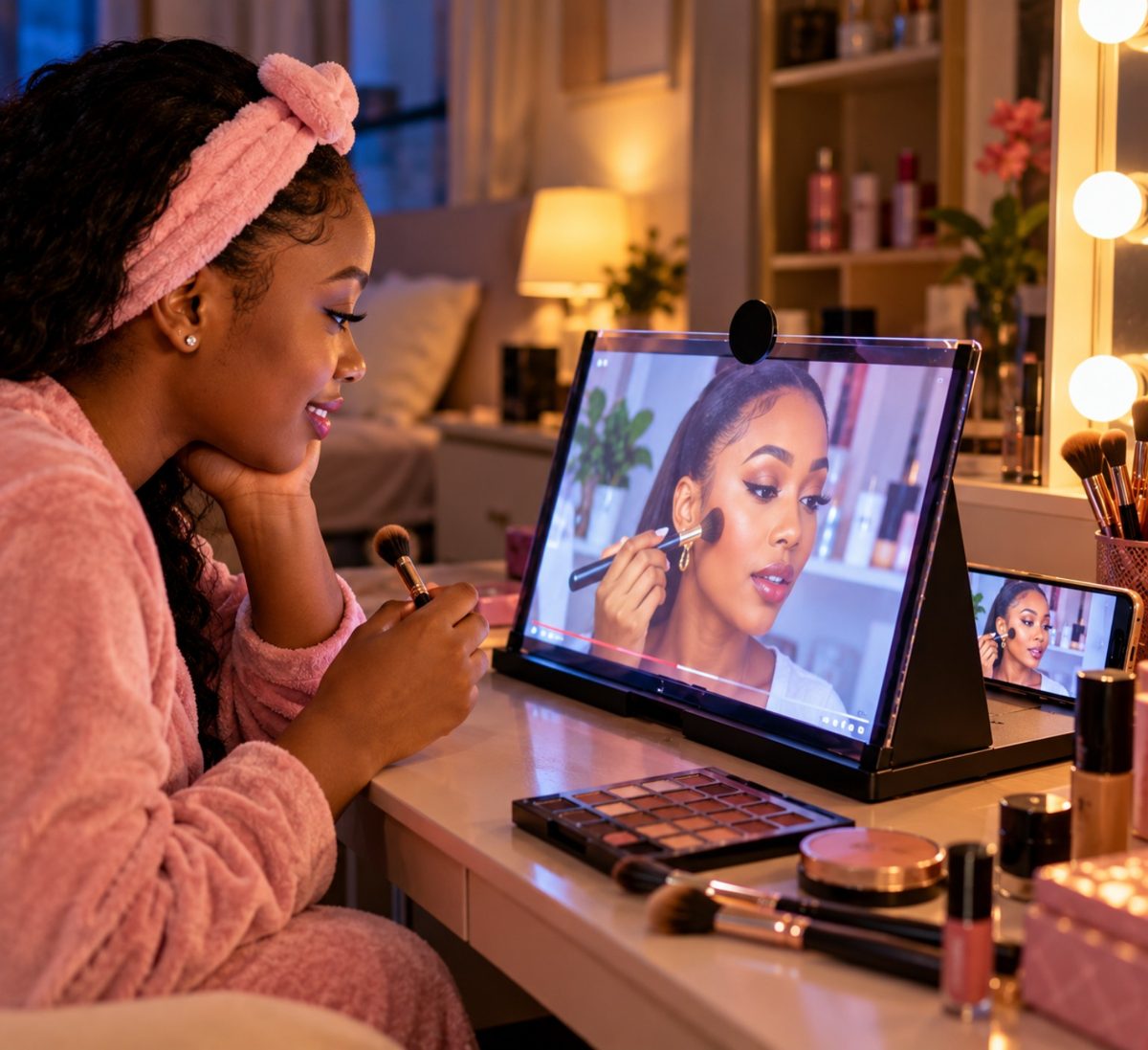 Une femme suivant un tutoriel de maquillage sur l'agrandisseur