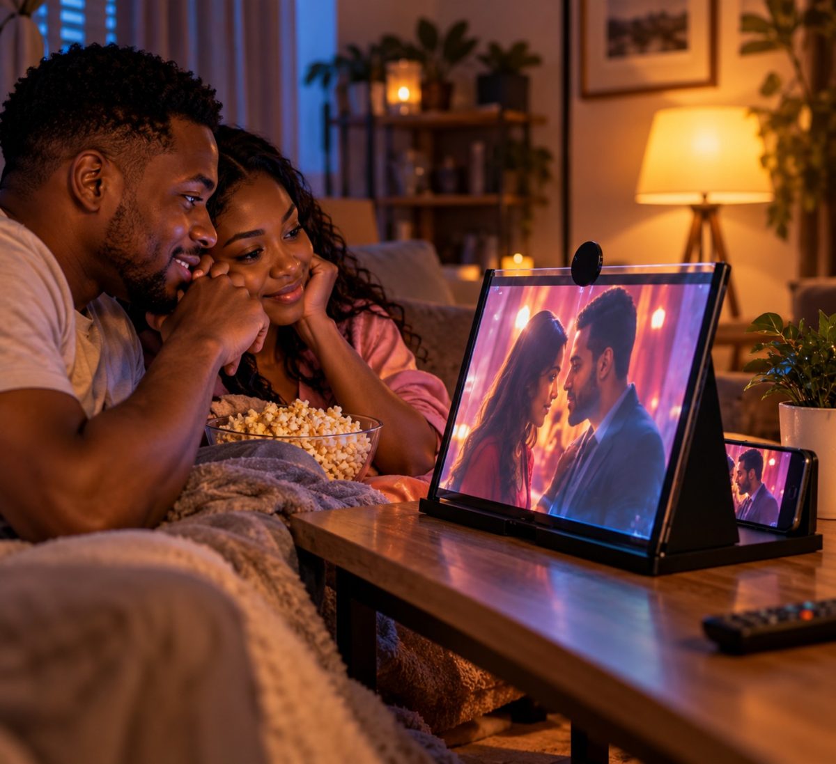 Un couple regardant un film avec du pop-corn devant l'agrandisseur