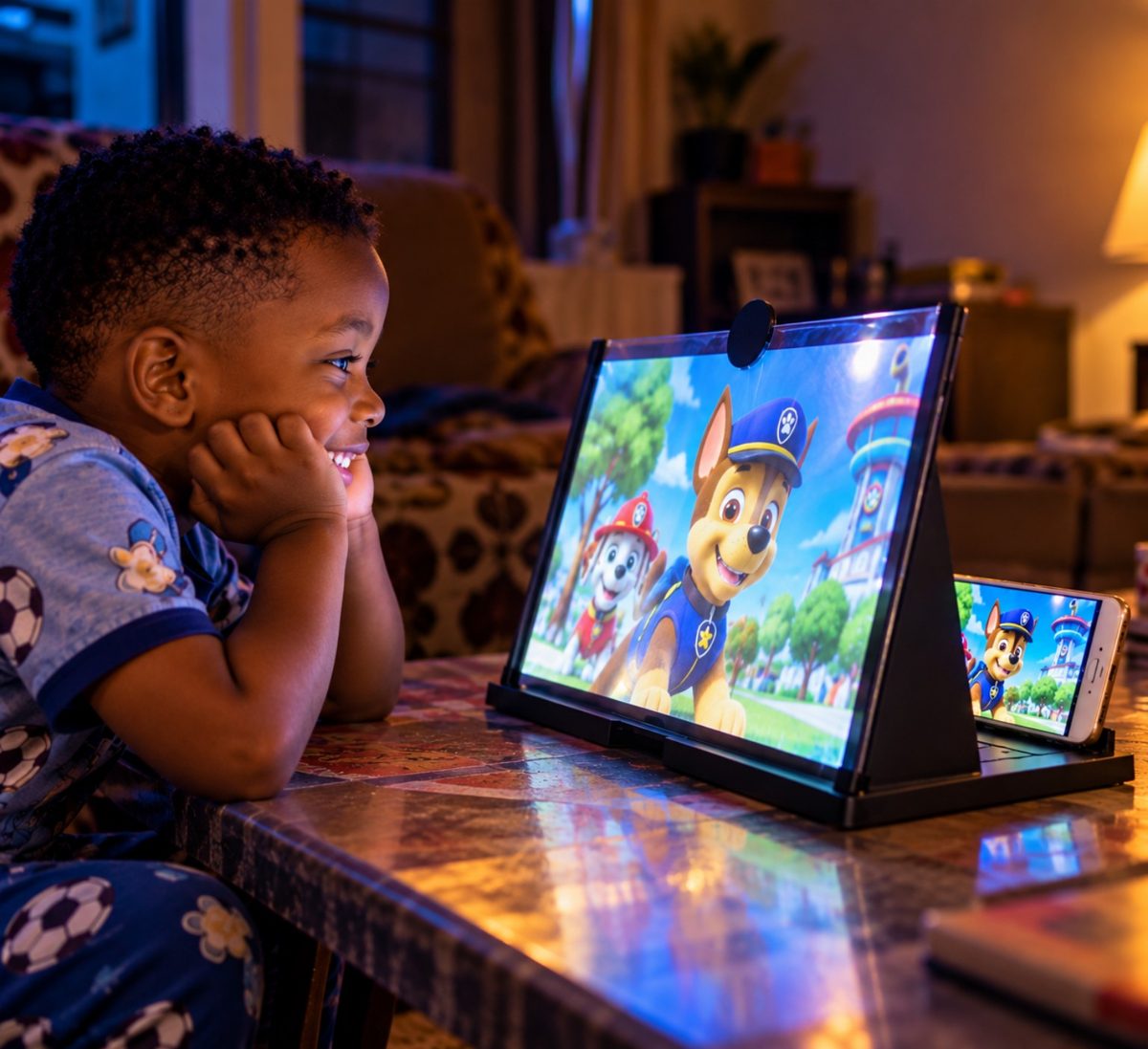 Un enfant souriant devant un dessin animé sur l'agrandisseur