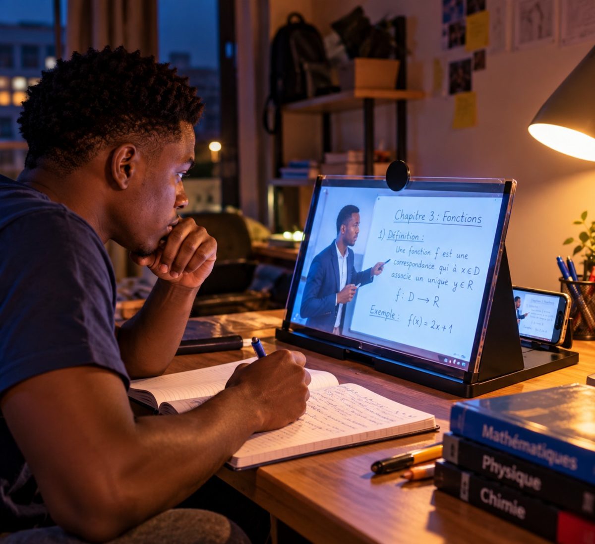 Un étudiant suivant un cours de mathématiques en ligne sur l'agrandisseur